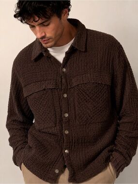 NWT Amongst Friends Waffle Knit Button-Up Shacket Jacket Chocolate Brown size S